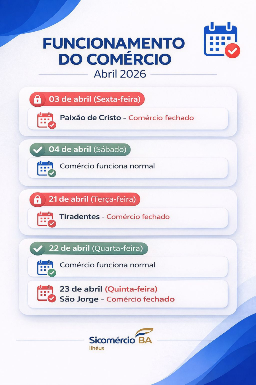 Sicomércio Ilhéus divulga calendário de feriados de abril