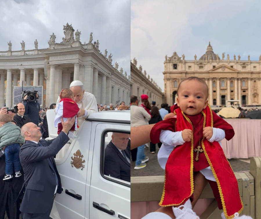 Bebê brasileiro vestido de papa recebe bênção do papa Leão XIV no Vaticano