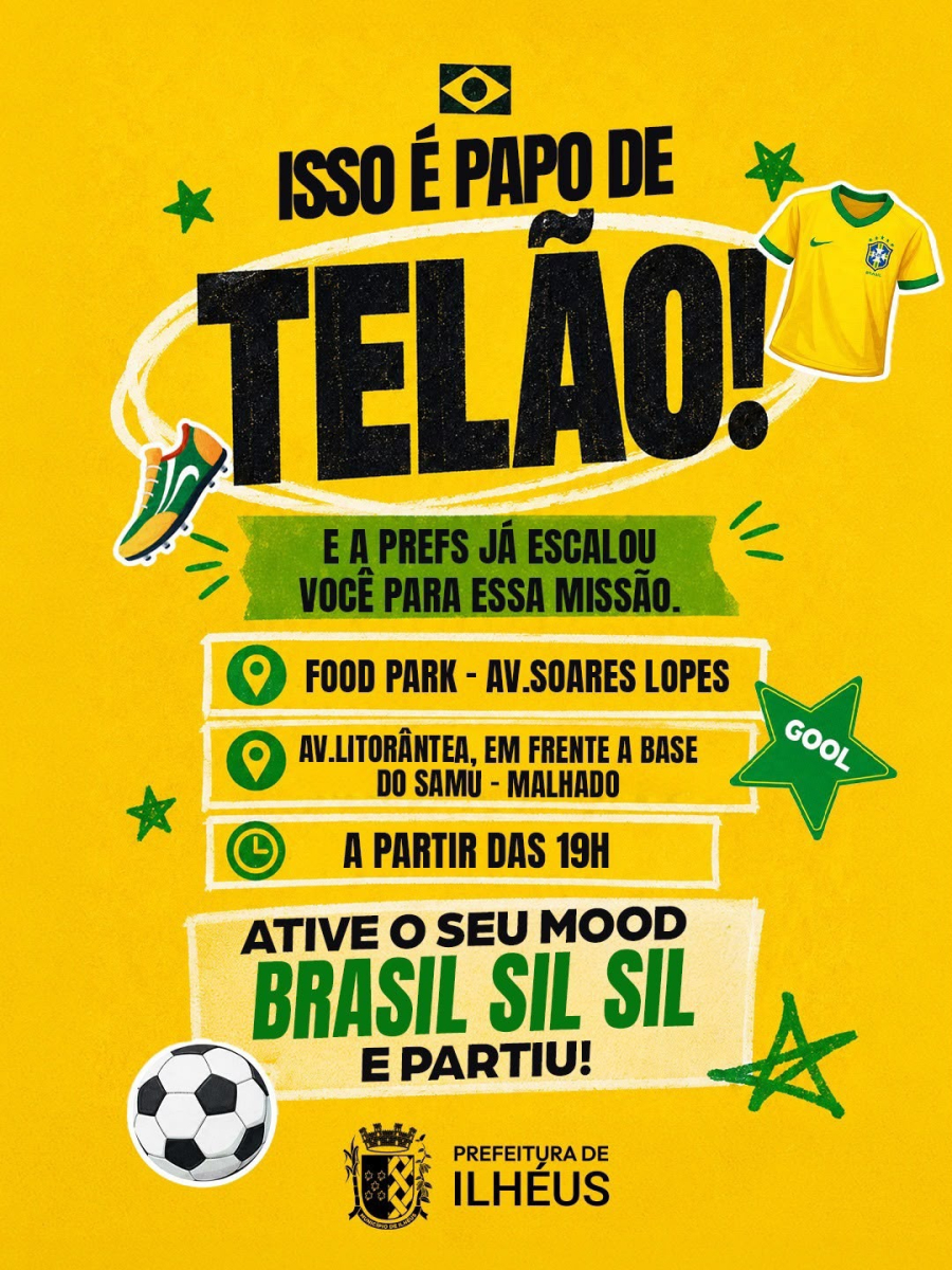 Prefeitura de Ilhéus disponibiliza telões para transmissão dos jogos do Brasil na Copa do Mundo 2026